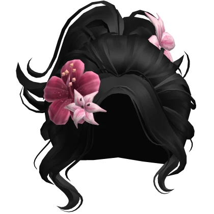 ♡ Preppy Summer Swirl Updo w/ Pink Flowers (Black)