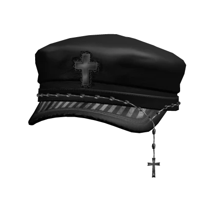 gothic cross stripe beret hat w rosary - black