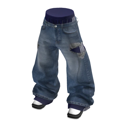 💗Y2K DOUBLE-LAYER RIPPED BAGGY JEANS_BLUE/NAVY