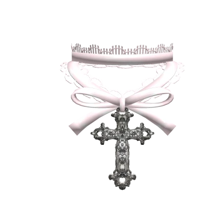 Cutesy Pink Lace Ribbon Choker / Cross Necklace