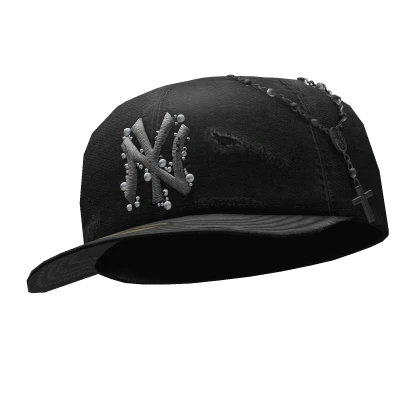 ✤ Black Distressed Fitted Cap with Rosary - Tilted