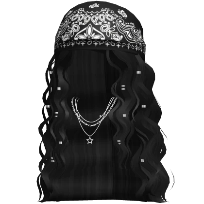 Black Bandana Wavy Hair w/ Y2K Necklace (Black)