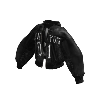 Oversized Leather Bomber Varsity Jacket (Black)