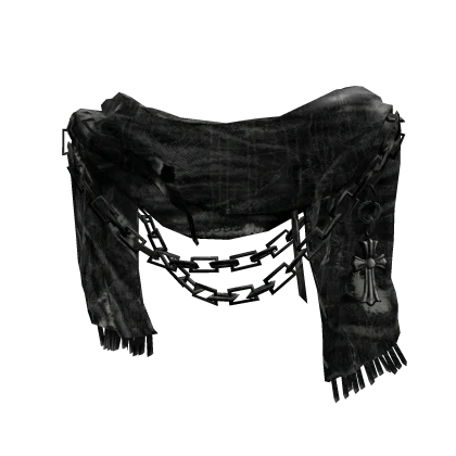 Black Denim Washed Scarf With Chains and Cross