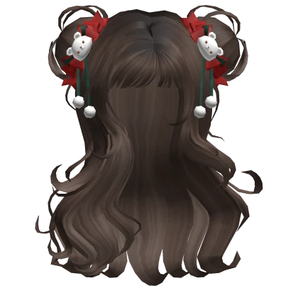 Fluffy Long Brown Buns W/ Christmas Bear Bows