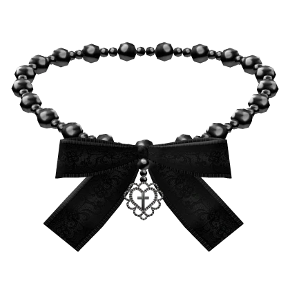 Black Heart Pearl Necklace w Bow & Cross