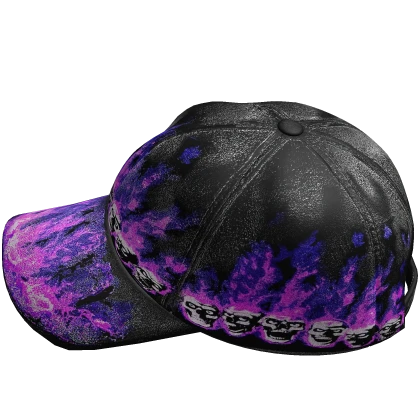 sideways purple flaming skull leather cap