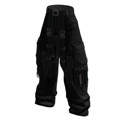 Baggy Cargo Pants w/ Pockets & Belt Straps Black