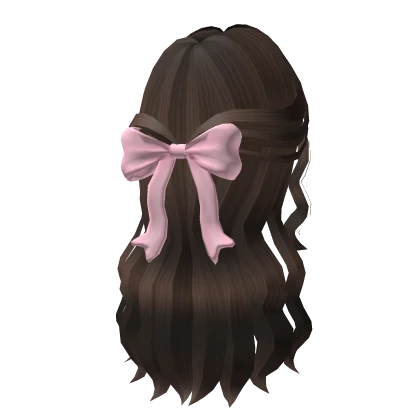 wavy hair half up w pink bow in brown