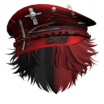 Black & Red Messy Anime Hair w/ Y2K Captain Hat