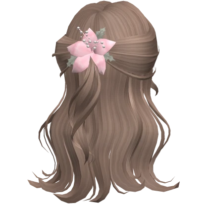 ♡ milktea brown half up wavy hair with pink flower