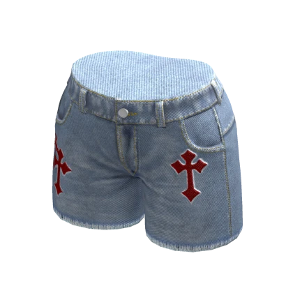 Lightwash Blue Ripped Emo Red Cross Shorts
