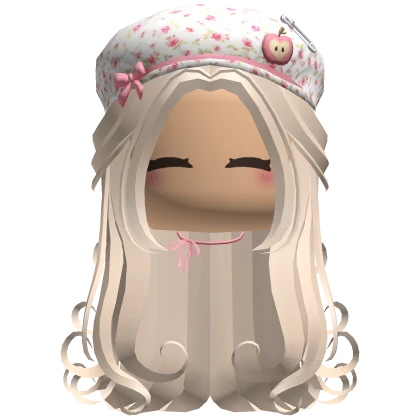 beige curly hair w pink rose beret face necklace