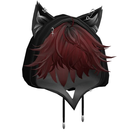 Dark Red Messy Anime Hair w/ Cute Cat Hood 
