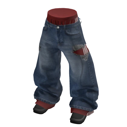 💗Y2K DOUBLE-LAYER RIPPED BAGGY JEANS_BLUE/RED