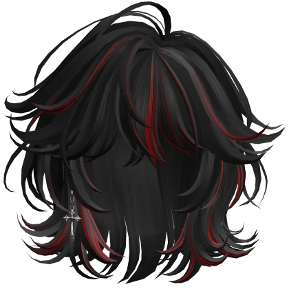 Red&Black Grunge Layered Hair w/ Cross Earring