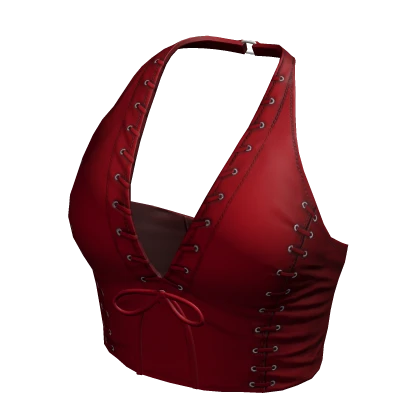 Halter Neck Top Red Leather Hem Knot Tee Shirt Y2K