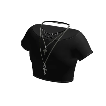Black Crop Top w/ Choker & Layered Cross Necklaces