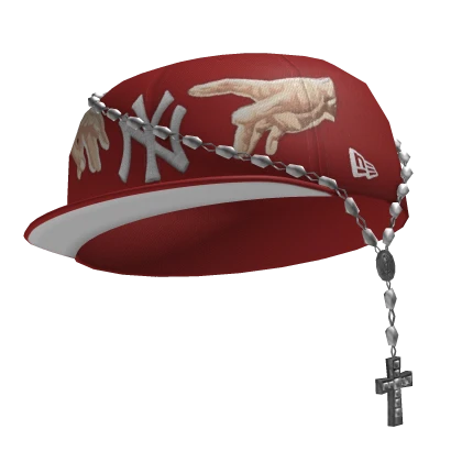 Red NY Fitted Cap w/ Rosary