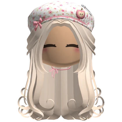 beige curly hair w pink rose beret face necklace
