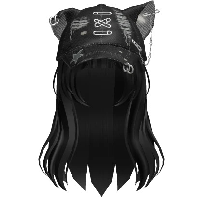 Y2K Cat Ear Cap – Black with Hair