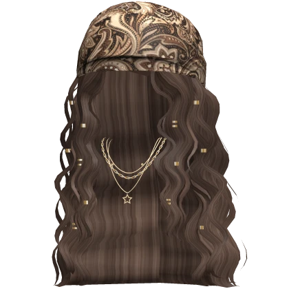Boho Bandana Wavy Hair w/ Y2K Necklace (Brown)