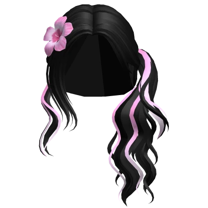 Wavy Summer Ponytail w/ Flower (Black & Pink)