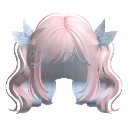 Pink & Blue Cute Wavy Pigtails w/ Bows & Clips