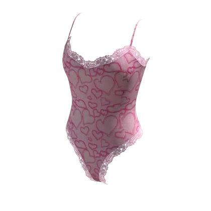 (Transparent) Lace Cami Bodysuit - Hot Pink Hearts