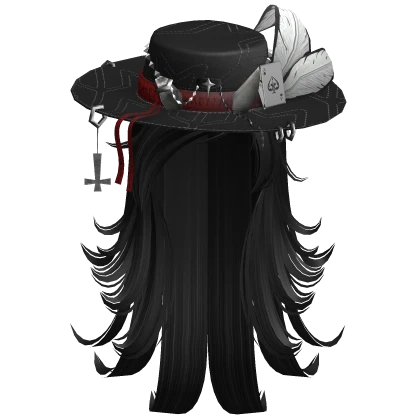 Emo Layered Hair w/ Wide Brim Hat Feather - Black