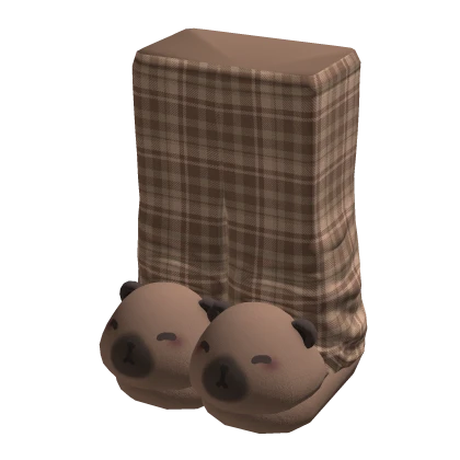 Plaid Brown Pjs w Capybara Slippers