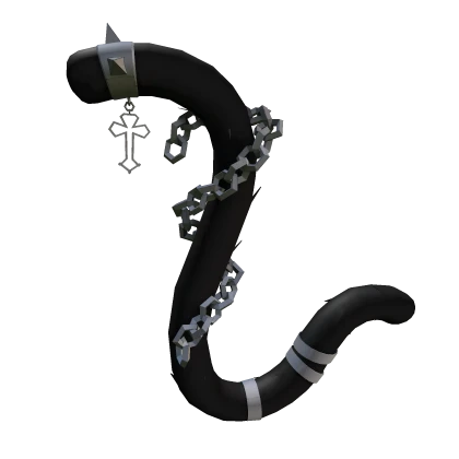 Goth Silver Chained Black Cat Tail /w Silver Cross