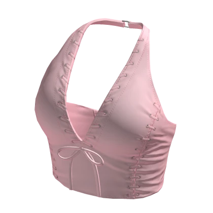 Halter Neck Top Pink Leather Hem Knot Tee Shirt