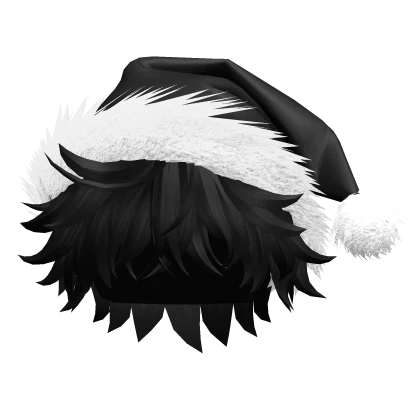 Black Fluffy Messy Hair w/ Black Santa Hat