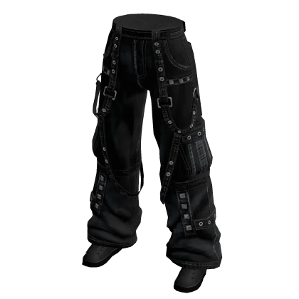 Black Y2K Baggy Strap Cargo Jeans w/ Sneakers 