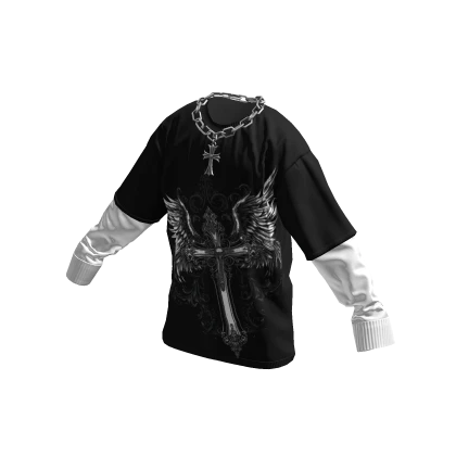 Wings & Cross Y2K Layered Shirt w/ Cross Chain