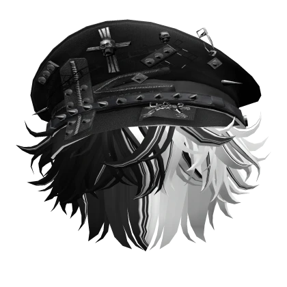 Black & White Messy Anime Hair w/ Goth Captain Hat