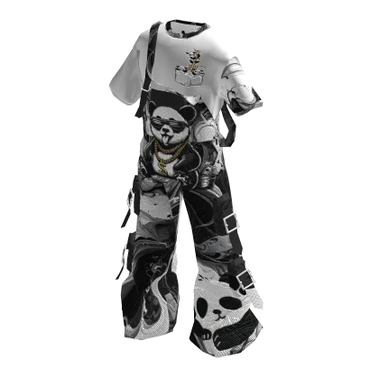 Black & White Overall Panda and Oversized T-Shirt