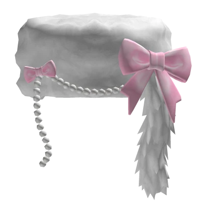 White Ushanka Raccoon Tail w/ Pink Bow & Pearls