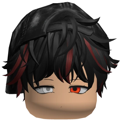 Black  + Red Messy Hair w Y2K Cap Red Anime Eyes