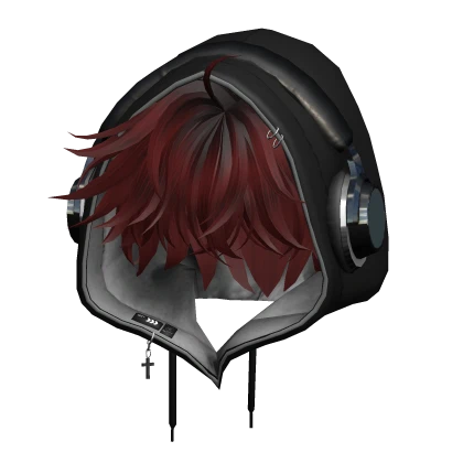 Dark Red Messy Hair w/ Hoodie & Headphones