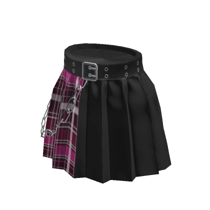 Grunge Chained Pleated Skirt - Black & Pink Plaid