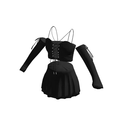 String Crop Corset Arm Warmers & Mini Skirt Black