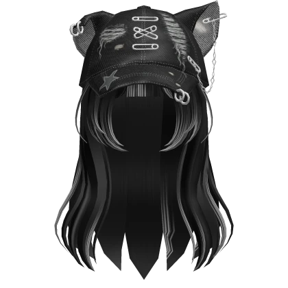 Y2K Cat Ear Cap – Black & White with Hair