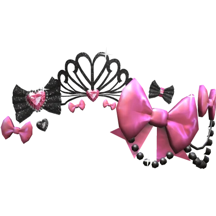 Scene Pink Black Gyaru Bows Shiny Tiara Pearls Y2K