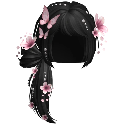Black Kawaii Wispy Butterfly Side Bun W/ Flowers