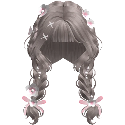 Cute Ash Brown Braided Pigtails with Pink Flowers