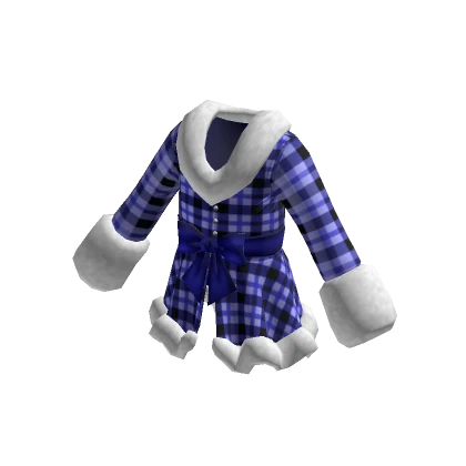 Fashionable Fur Coat with Bow - Blue Plaid