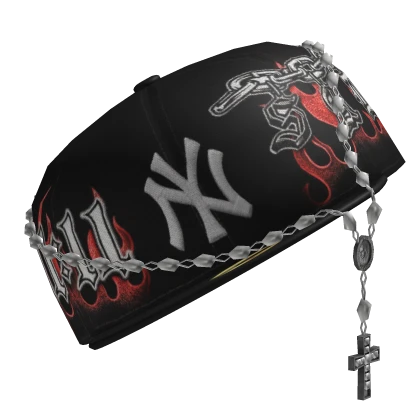 Red NY Fitted Cap w/ Rosary (Sideways)