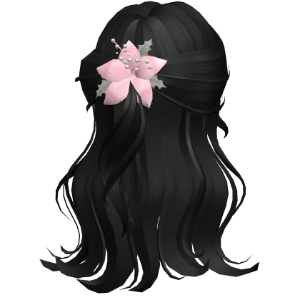 ♡ black half up wavy hair with pink flower